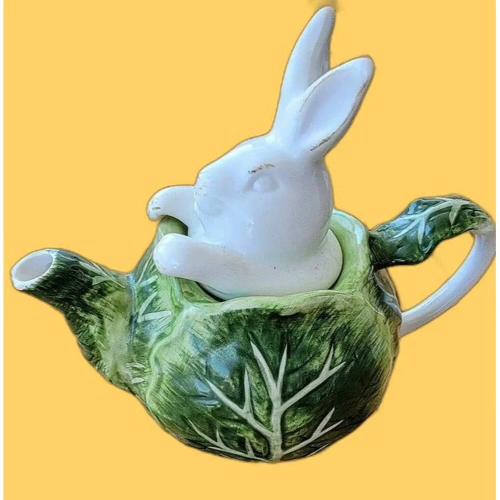 Pier 1 Pier One Small Cabbage Teapot with Bunny Lid 8